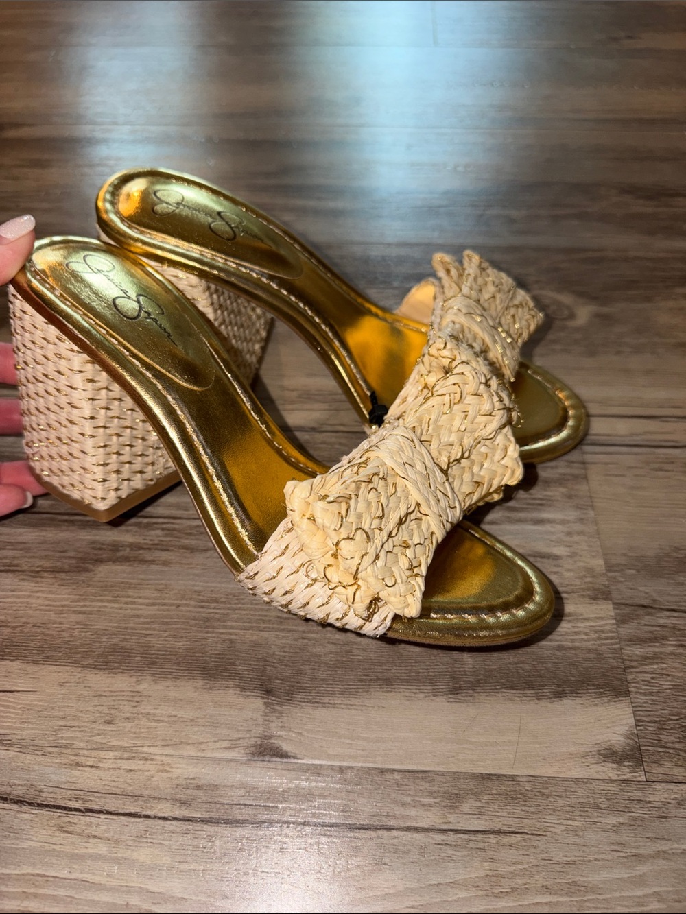 Jessica Simpson Beige Braided Raffia Block Heel Mules with Gold Insole